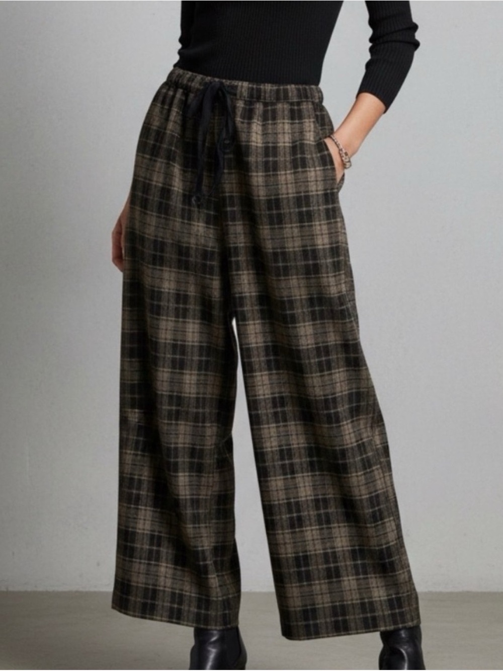Made In Italy Wide-Leg Plaid Drawstring Pants - Brown/Black